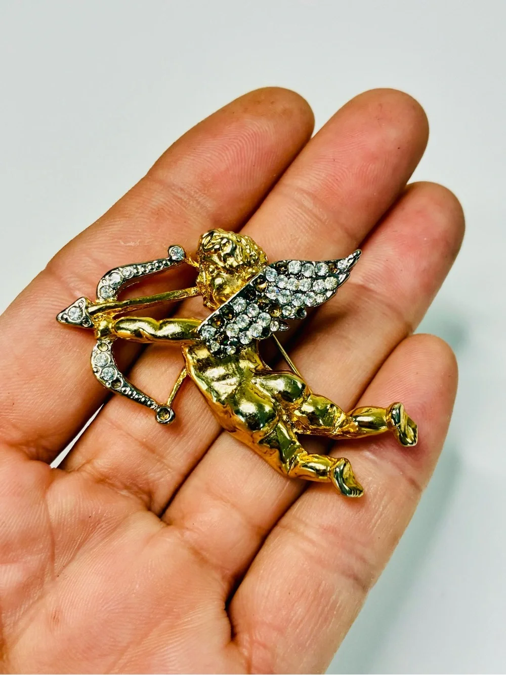 Distressed Gold-Tone Cupid Brooch with Clear Rhinestones Classic Valentine READ